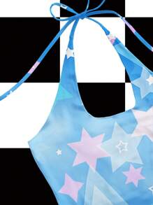 Shutterstock Blue Tie-Dye, Star Printed, Sky Design, Y2K Style Crop Top Halter Neck Tank Top, Suitable For Summer, Vacation, Party Club Going-Out Back To School 2000s Style - Blue - View 3