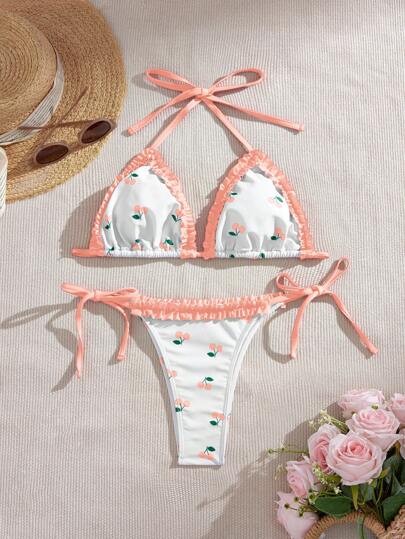 Swim Mod Cute Cherry Print Triangle Bikini Top For Summer Beach Vacation