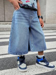 SHEIN 男童时尚休闲柔软简约做旧水洗猫须宽松宽松牛仔七分裤，适合儿童夏秋季日常穿着和街头服饰 - 中等水洗藍 - 查看 1