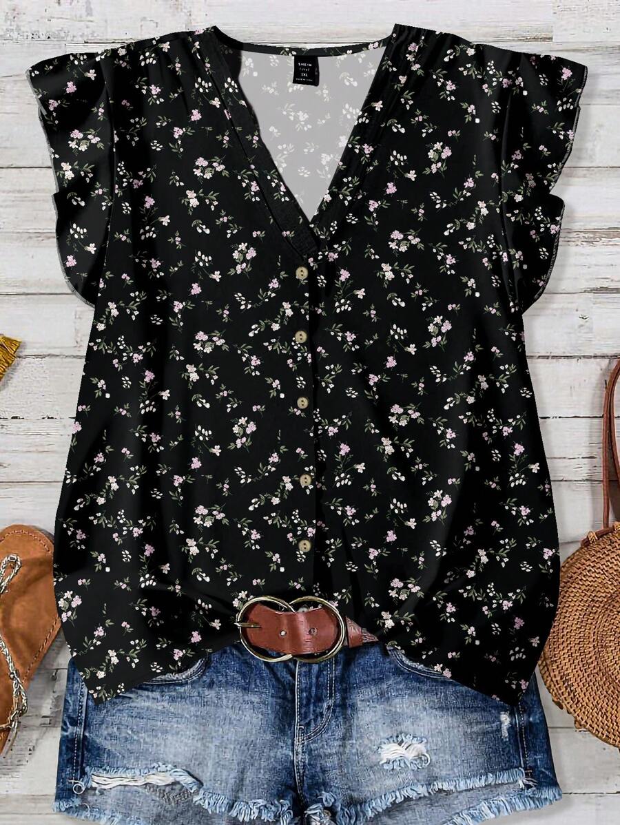 EMERY ROSE 大码花卉印花休闲简约衬衫，适合夏季