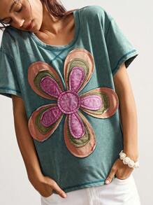 Bohemela Camiseta casual de mujer de manga corta y cuello redondo, de punto en unicolor, con bordado floral de patrón suelto - Multicolor - Ver 5