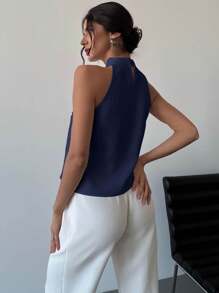 Firerie Áo sơ mi trắng không tay trang trí ngọc trai thanh lịch cho ngày lễ tình nhân xuân hè mới - Màu xanh hải quân - Xem 2