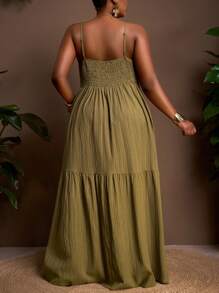 Veslaya 2025 Plus Size New Arrival Summer Green Solid Color Comfortable Stretchy Sleeveless Loose A-Line Dress - Army Green - View 6
