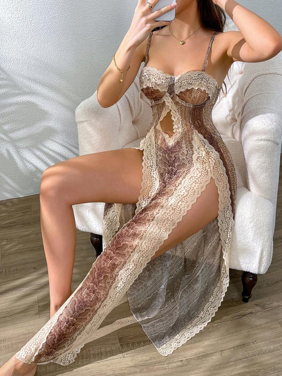 SHEIN 2pcs/Set Lace, Snake Skin & Leopard Print Mesh Sexy Women Slip Dress With Underwire [Slip Dress + G-String] For Going Out - Multicolor - View 1