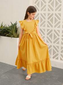 SHEIN Tween Girl Casual Holiday Ruffle Cap Sleeve Round Neck Splice Dress, Woven Fabric, Long Style - Yellow - View 2
