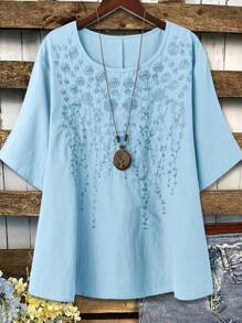 Linhara Plus Size Women Plain Linen-Look Round Neck Embroidered 3/4 Sleeve Casual Shirt - Baby Blue - View 1