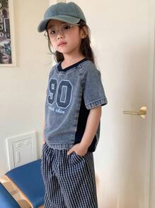 DAZY Young Girl Summer Casual Printed Color Blocking Denim Short Sleeve Blouse