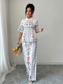 Chiquease Women's Elegant Floral Print Vacation Fresh Comfortable Top And Straight Leg Pants Set