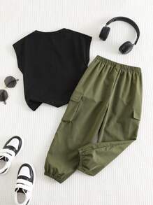 SHEIN 2 件套年轻男童休闲宽松无袖印花上衣和抽绳裤套装，百搭服装 - 彩色 - 查看 2