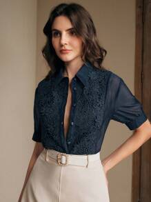 Anewsta 优雅、现代的节日/度假透明蕾丝边衬衫，适合春夏季节、毕业典礼