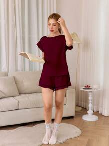 SHEIN Contrast Color Splice Ruffle Hem Plain Casual Short Sleeve Shorts Pajamas Set Summer Sleep Wear Sets  Cozy And Elegant Details - Burgundy - View 3
