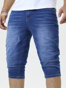 Manfinity Homme 男士纯色紧身弹力休闲牛仔短裤 - 深色水洗藍 - 查看 5