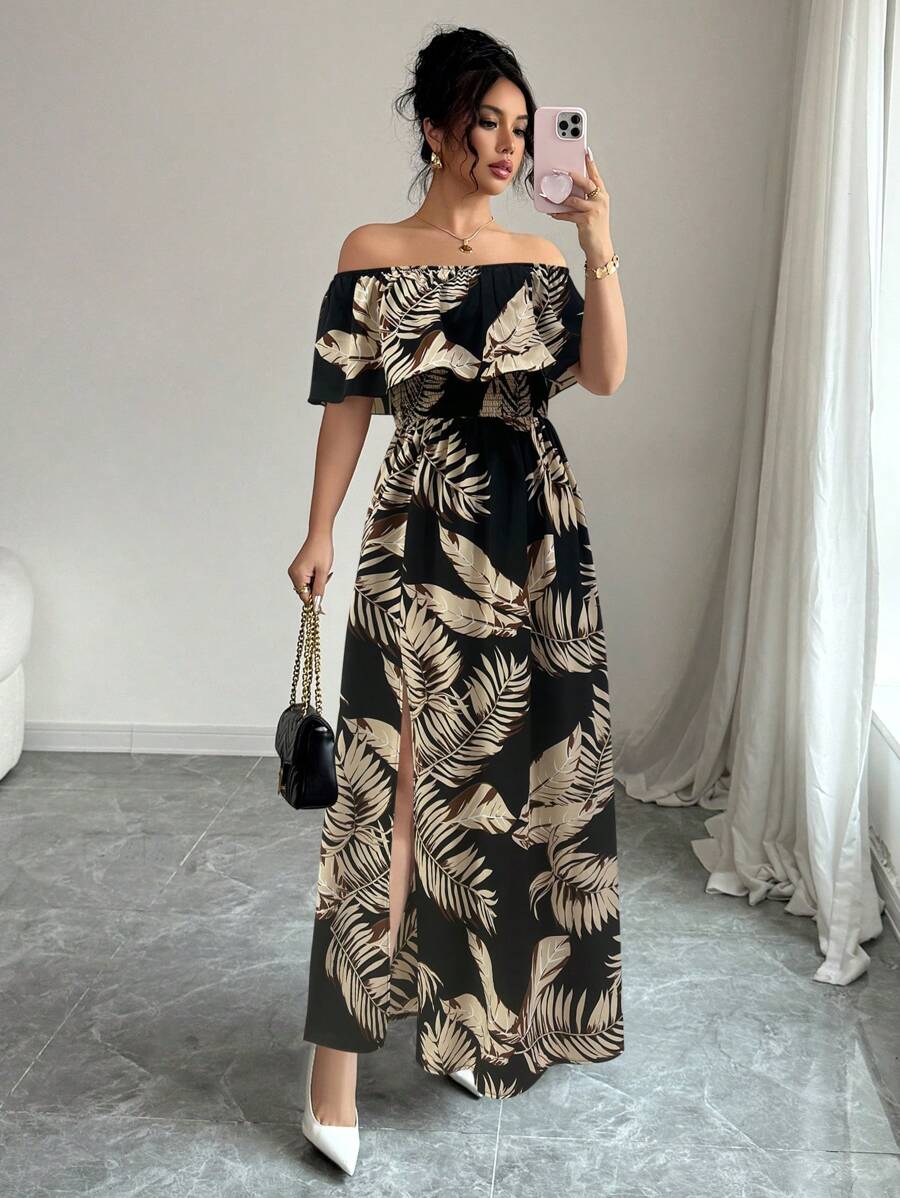 Breezaya Plants Print Off Shoulder Split Thigh Dress For Summer Vacation Maxi Vacation Beach Outfits Women - Multicolor - View 1