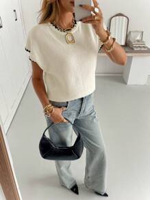 Siren Gaze Blusa de punto casual, versátil, de cuello redondo y manga corta con ribete de color contrastante para mujer