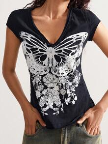 Bohemela Black V-Neck Short-Sleeved Washed Knit T-Shirt For Women - Black - View 1