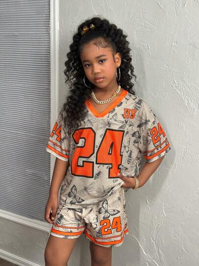 SHEIN Tween Girls Street Casual V-Neck Loose Short Sleeve T-Shirt And Mesh Shorts 2-Piece Set, Suitable For Summer And Sports, Big Number 24 & Camouflage Branch Print