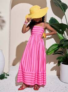 Tween Girls Fashion Vacation Pink Spaghetti Strap A-Line Long Dress - Pink - View 4