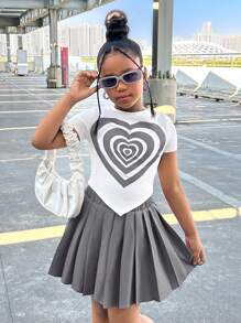 少女心印花短袖上衣和百褶裙休闲两件套 - 灰色 - 查看 6