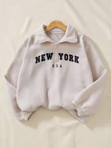 SHEIN Felpa con cappuccio e mezza zip con colletto alto, foderata in termico, con stampa New York, casual, adatta per l'uso quotidiano, per ragazzi pre-adolescenti