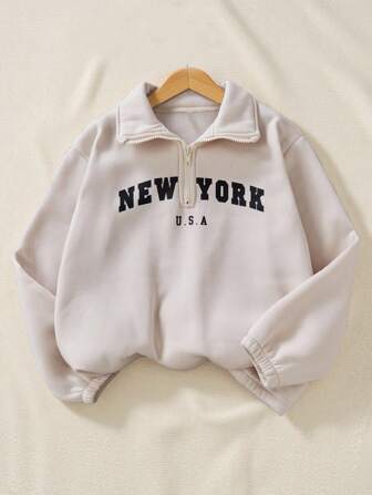 SHEIN Tween Boys Casual New York Print Thermal Lined Stand Collar Half Zipper Hoodie Sweatshirt, Suitable For Commute