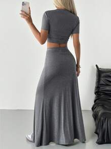 SHEIN EZwear Stockholm Style Airport Outfit For Women Relaxation And Leisure Simple Suit Grey Knitted Women's Bodycon Office Wear Suit Woman Summer Clothes Two Pieces Set Women Skirt 2 Pieces Long Skirt Set Maxi Skirt Two Pieces Set - Dark Grey - View 2