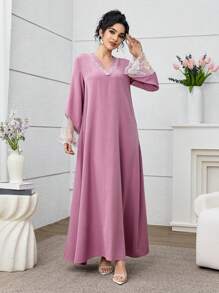 Al Najma 蕾丝刺绣拼布长款粉色连衣裙，保守的日常风格 - 玫紅色 - 查看 4