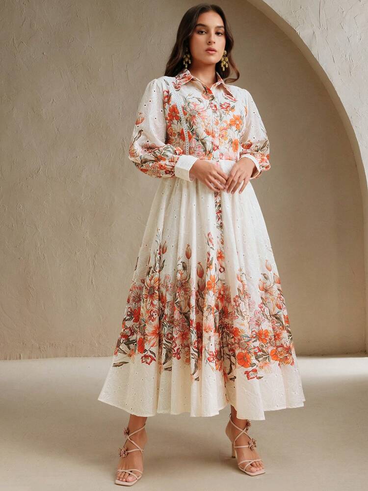 Plus Size Embroidered Floral Print Shirt Dress, Flowy Long Dress, Suitable For Spring, Vacation, Festival, Easter