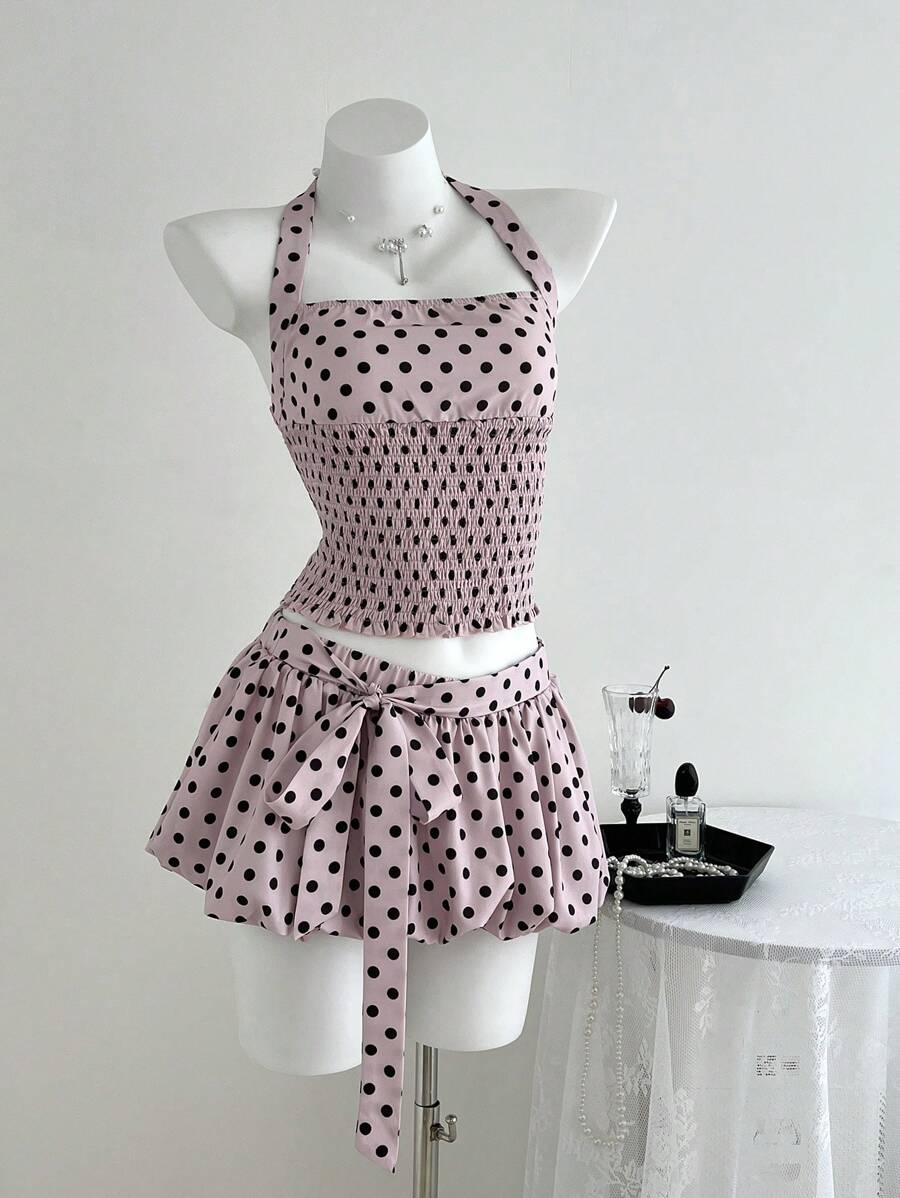 Elamini Bộ 2 món dành cho nữ, Phong cách đường phố Boho, Cổ yếm thắt nút, Họa tiết chấm bi - Hồng - Xem 1