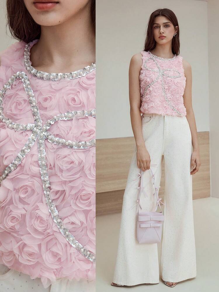 MOTF STUDIO アプリケ 人口真珠 ディテール タンクトップ