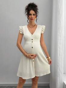 Momance Maternity V-Neck Single Breasted Cap Sleeve Casual Dress, Summer - Apricot - View 3