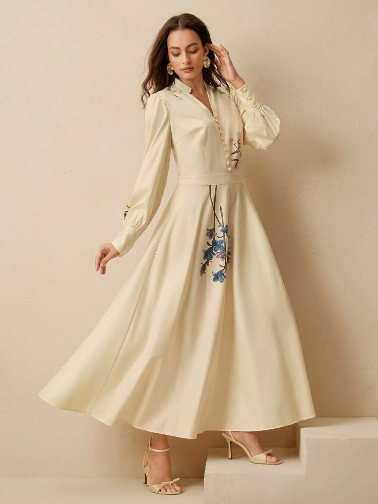 1pc Women's Long Sleeve Printed Elegant Swing Dress With Puff/Lantern Sleeves