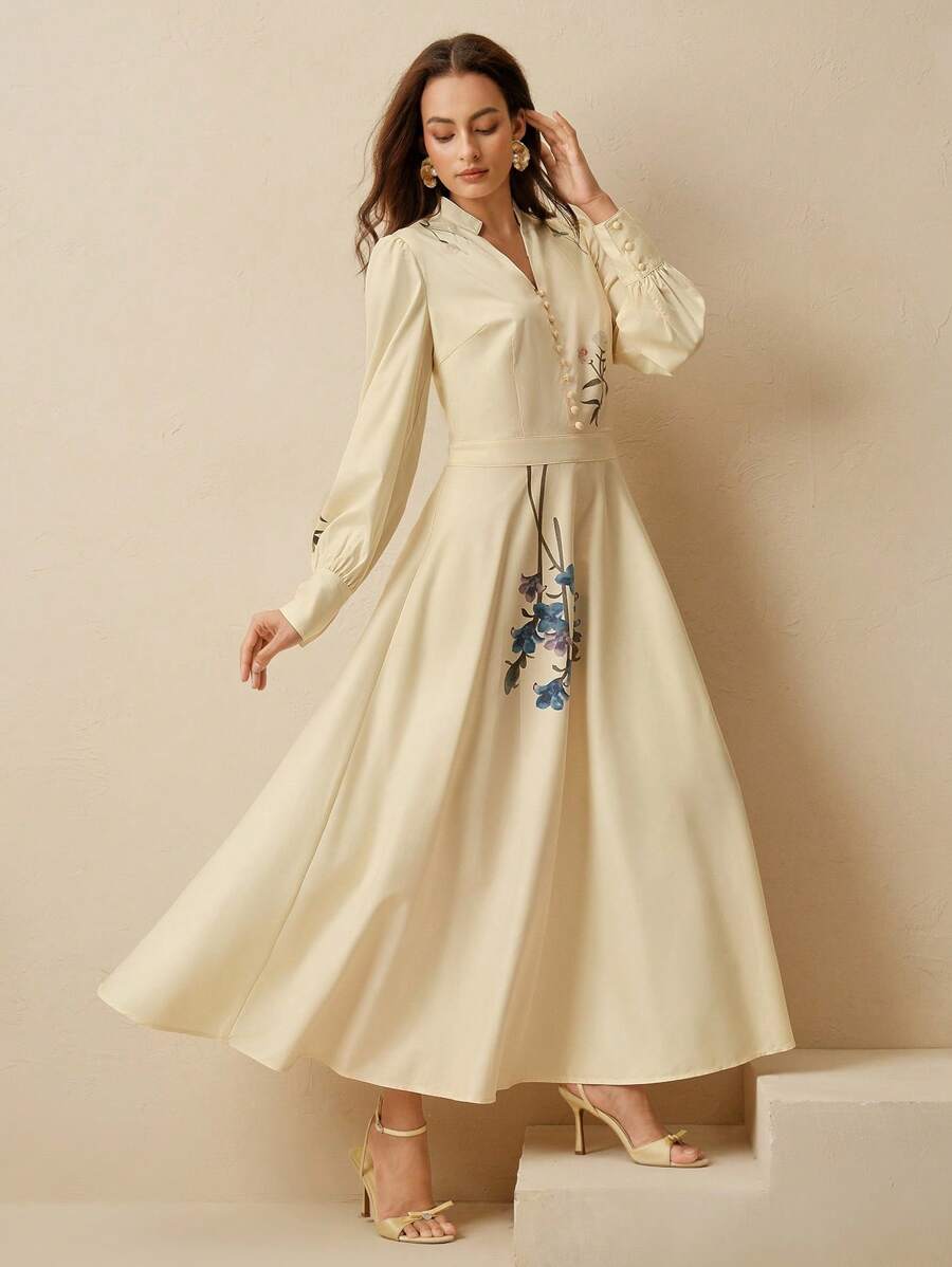 Anewsta 1 件女式长袖印花优雅泡泡袖/灯笼袖摆裙 - Butter Yellow - 查看 1