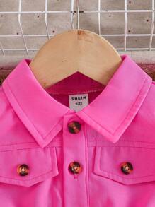 SHEIN Playful Pals 女婴翻领按扣短袖连体衣，带假口袋，时尚百搭休闲复古风连体衣，配腰带，夏季新品 - 玫紅色 - 查看 5