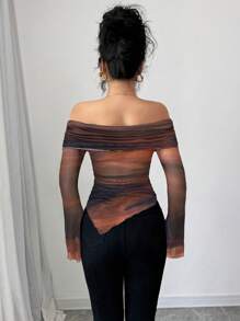 Firerie Top pentru femei, cu umeri goi, imprimeu ombre, mânecă lungă, tiv asimetric, potrivit pentru primăvară/vară, plajă, sexy, stațiune, plajă, boho, Hawaii, festival de muzică