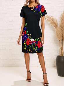 SHEIN Vestido corto elegante con estampado floral de verano - Multicolor - Ver 3