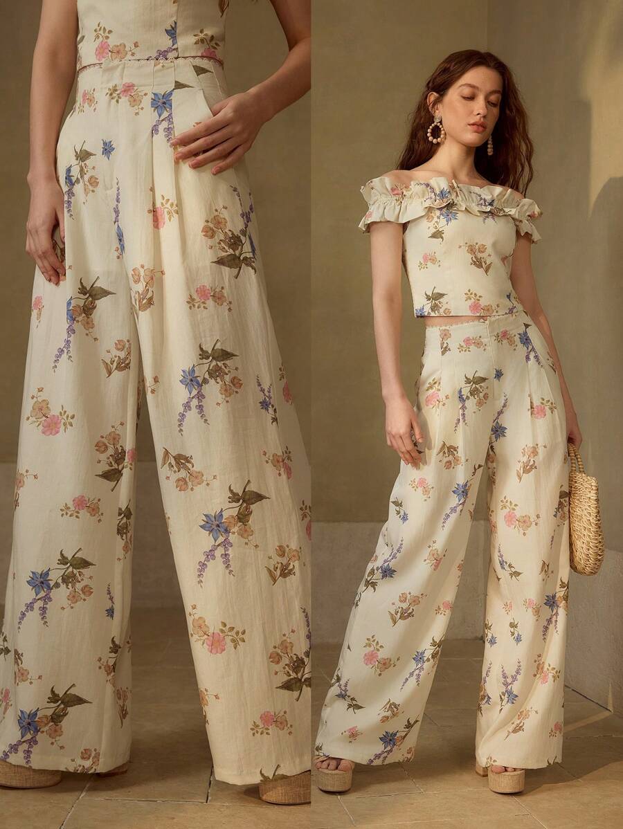 MOTF PREMIUM PANTALONES DE PIERNA ANCHA CON ESTAMPADO FLORAL DE LINO