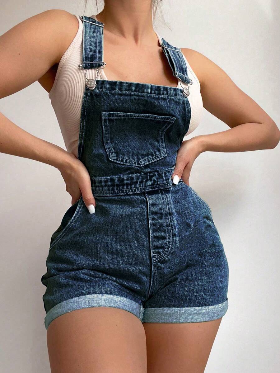 SHEIN ICON 大码夏季休闲水洗牛仔背带裤 - 霧霾藍 - 查看 1