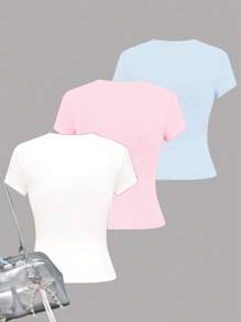 SHEIN Chill Vacation Tropical Flowers, Hibiscus, Frangipani, Starfish, Seashell Coastal Pattern Slim Fit Tween Girls 3pcs/Set Crew Neck Short Sleeve T-Shirts, Comfortable Casual, White, Light Pink, Light Blue, Summer