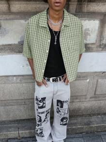 PAVTROS Manfinity Streetrush Men's Short Sleeve Boxy Silhouette Cut-Off Edge Woven Checkered Printed Button-Up Shirt Y2k Jacket Men Cropped Men's Shirt Men's Cropped Shirts Men Cropped Button Up Streetwear Men Shirts,Street Wear - Multicolor - View 2