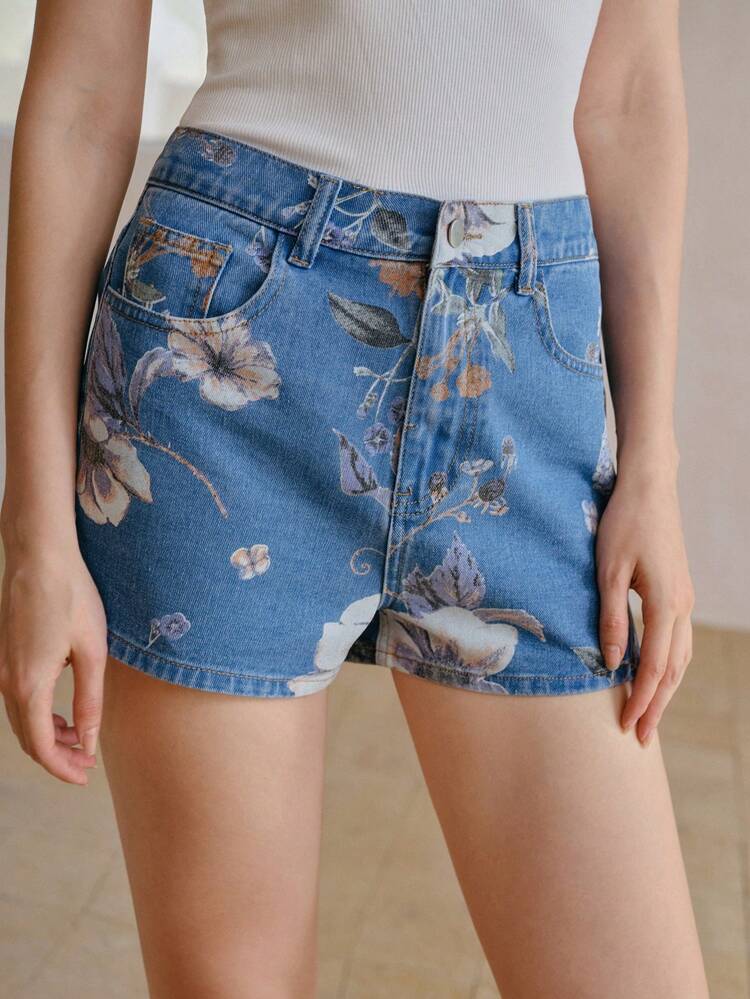 FLORAL PRINT SLANT POCKET DENIM SHORTS