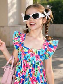 SHEIN Young Girl Woven Square Collar Ruffle Trim Casual Blouse