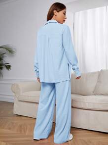 SHEIN EZwear 天蓝色梭织女士休闲衬衫套装 - 藍色 - 查看 2