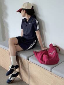 DAZY Tween Girls Knit Collar Bow Embroidered Short Sleeve Top+Skirt 2-Piece Set, Summer - Navy Blue - View 5