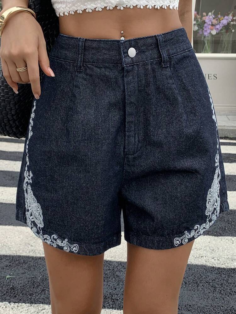 Women's Summer Floral Embroidered Casual Denim Shorts, Street & Vacation Boho Style Jorts