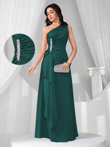 Coutiva New Fashionable Elegant Fitted Asymmetric Collar Sleeveless Dress - Dark Green - View 1