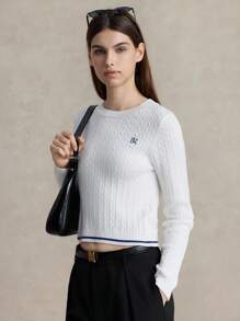 Briarwyn Maglione da donna con grafica a lettere, girocollo, maniche lunghe, bianco e blu, autunnale, elegante e raffinato, scuola, ritorno a scuola, preppy, laurea - Bianco - Visualizzare 6