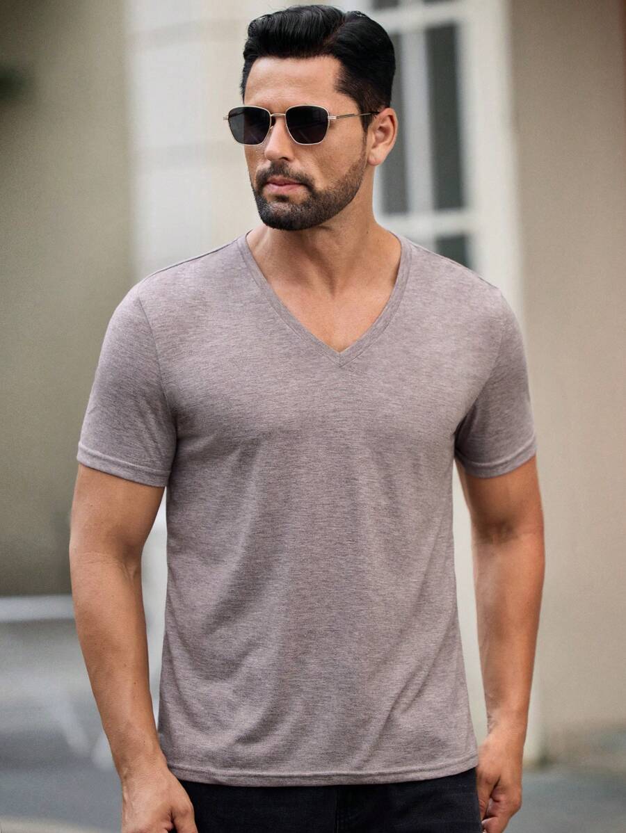 Manfinity VCAY Men Solid V Neck Tee, Summer - Mocha Brown - View 1