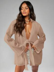 MISSGUIDED Long Sleeve Tie Front Kimono Beach Cover Up Lightweight Summer Resort Wear Evening Wrap - Mocha Brown - View 3