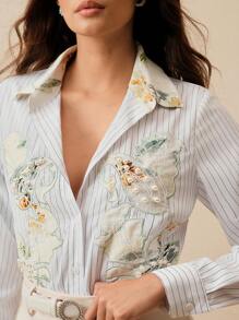 Anewsta Fashionable Commute Versatile Colorblock Embroidered & Rhinestone Detail Women Blouse - Black and White - View 1