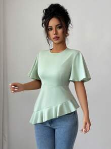 Elenzga Blusa/camisa de mujer de verano de seda de color verde claro, con elegante diseño de volantes asimétricos y cintura fruncida - Verde - Ver 6
